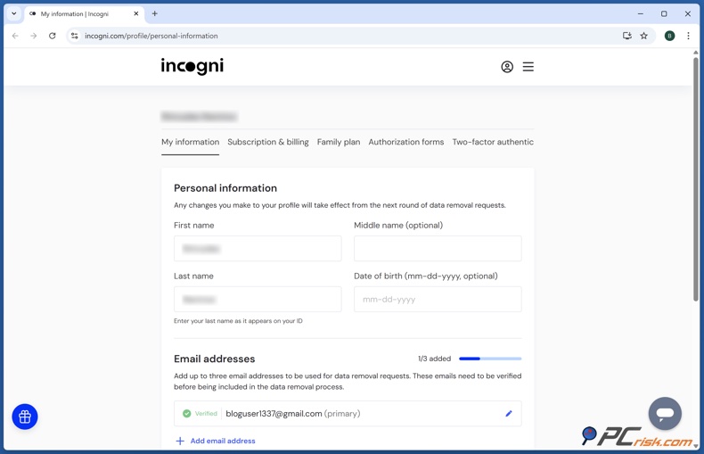 Informations personnelles Incogni