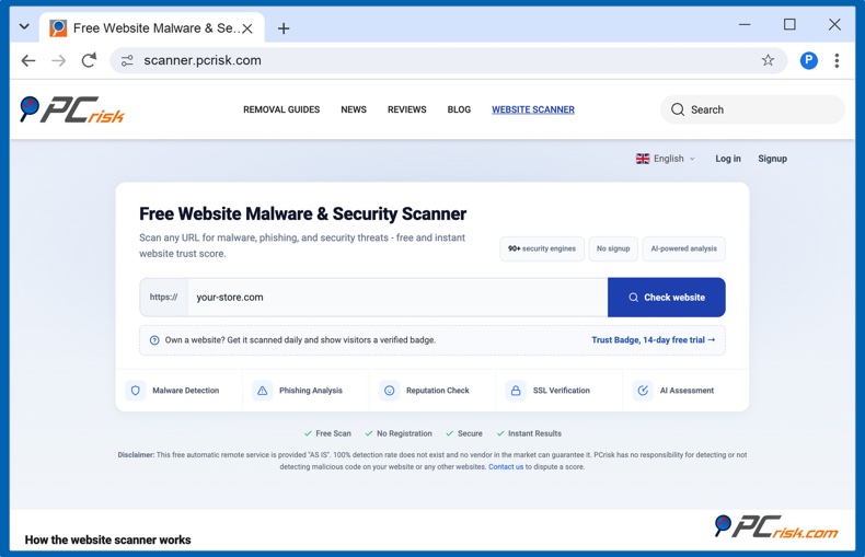 PCrisk Website Scanner analysant une boutique