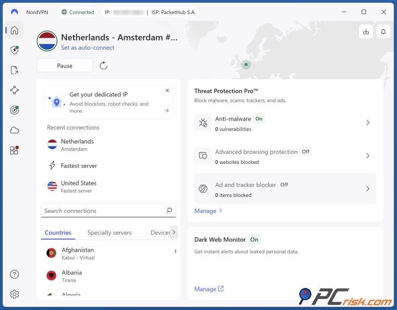 NordVPN connecté aux Pays-Bas