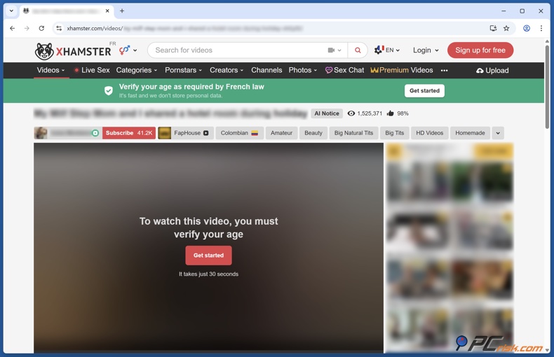 Fenêtre de vérification de l'âge sur xHamster pour les utilisateurs français