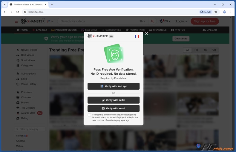 Fenêtre de vérification de l'âge sur xHamster