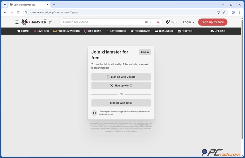Page d'inscription sur xHamster