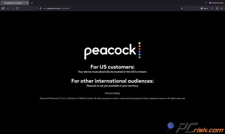 Page d'accueil Peacock indisponible