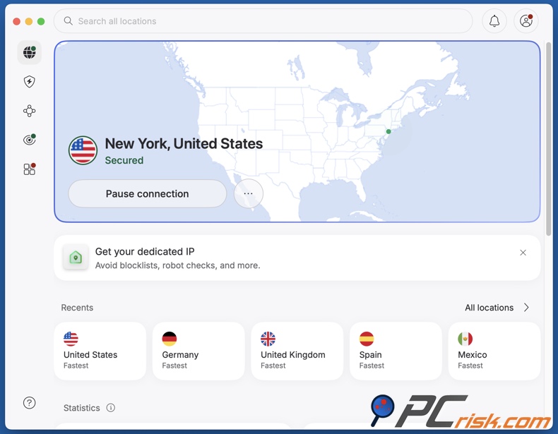 NordVPN connecté à un serveur aux États-Unis