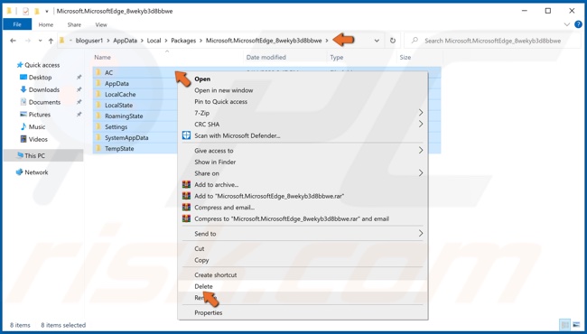 Cliquez avec le bouton droit sur tous les fichiers Microsoft Edge dans Appdata et cliquez sur Supprimer