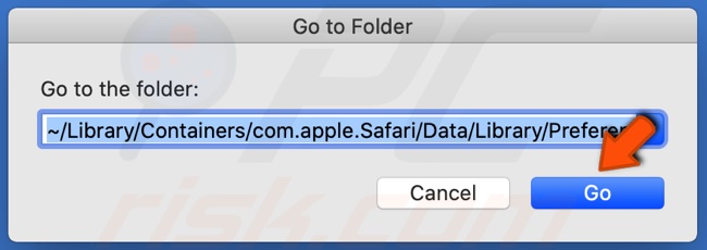 Ouvrez la fenêtre Aller au dossier et entrez le chemin du fichier com.apple.Safari.plist