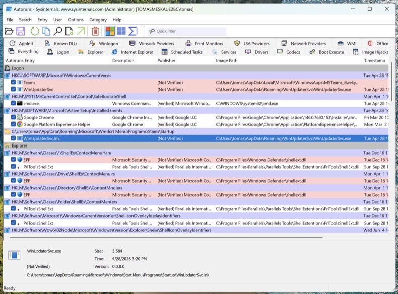 Autoruns 14.x avec l'option Hide Microsoft Entries activée, affichant les onglets Logon et Scheduled Tasks