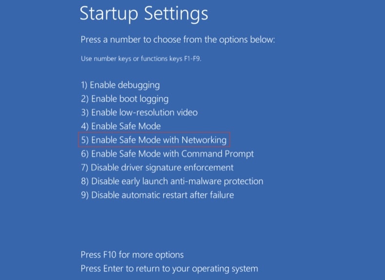Démarrer Windows 10 en mode sans échec avec prise en charge réseau - appuyez sur F5 sur l'écran Paramètres de démarrage