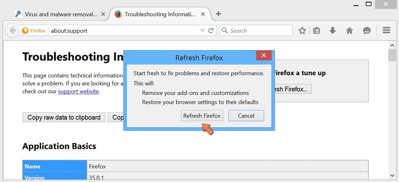 Restaurer les paramètres à défaut de Mozilla Firefox - confirmé la restauration des paramètres en cliquant le