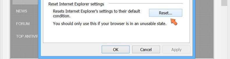 Restauration des paramètres à défaut d'Internet Explorer dans Windows 8 - cliquez le bouton restaurer dans Options Internet de l'onglet avancé