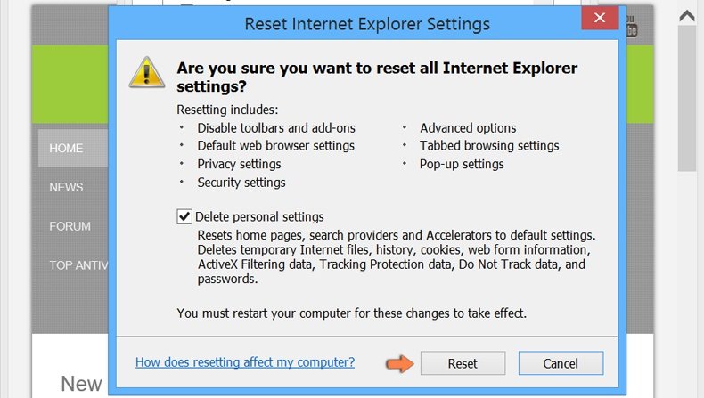 Restauration des paramètres à défaut d'Internet Explorer dans Windows 8 - confirmer la restauration des paramètres en cliquant sur le bouton restaurer