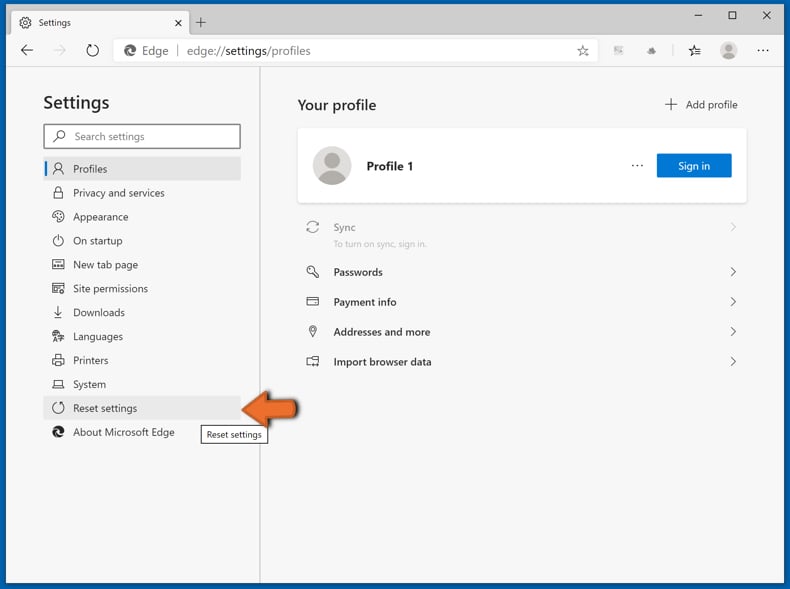 Microsoft Edge (Chrome) réinitialisation étape 2