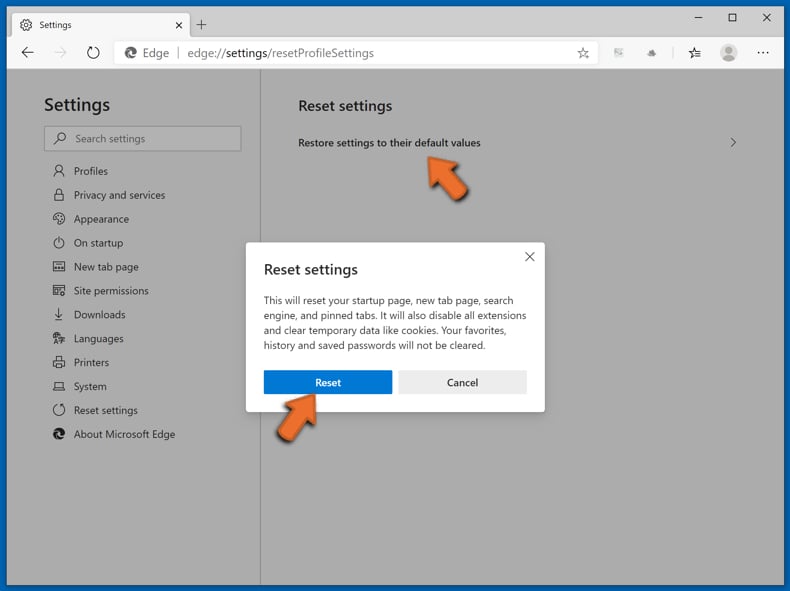 Microsoft Edge (Chrome) réinitialisation étape 3