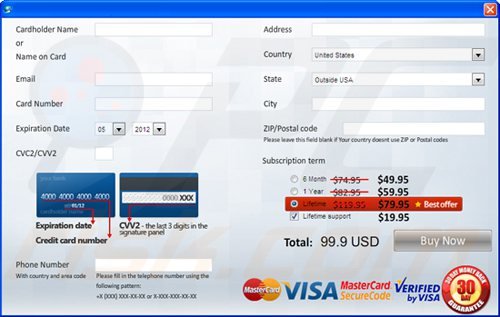 exemple d'une page web utilisée pour collecter les paiements pour les faux programmes antivrus