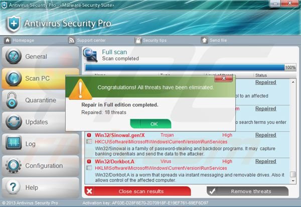 Antivirus Security Pro après avoir entrer la clé d'activation 
