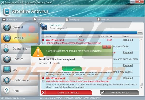 Attentive Antivirus après avoir entré la clé d'activiation 