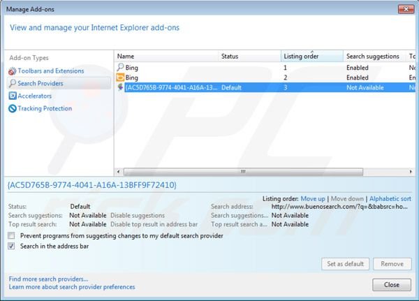 Moteur de recherche de BuenoSearch par défaut dans Internet Explorer