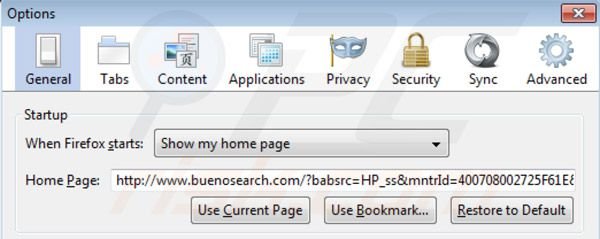 Page d'accueil de BuenoSearch dans Mozilla Firefox