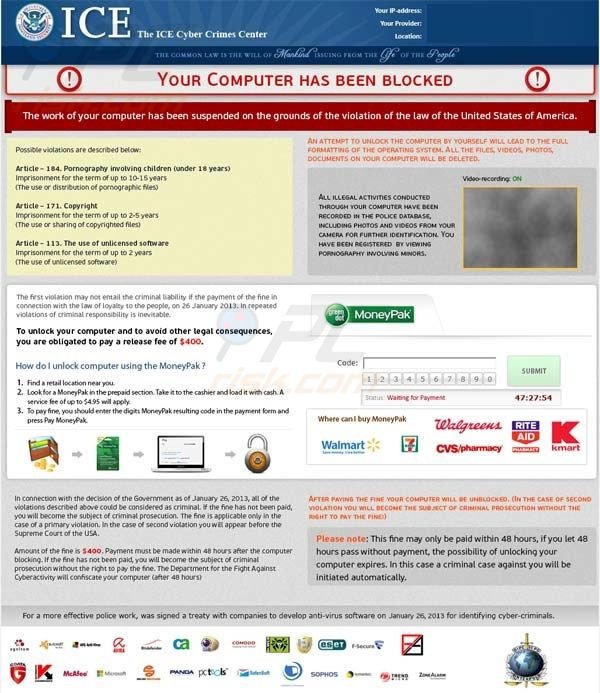 Le ransomware MoneyPak The ICE Cyber Crime Center - Ordinateur Verouillé