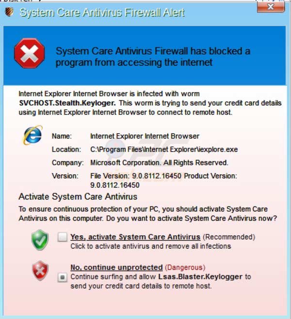 Fausse alrete de pare-feu par l'Antivirus System Care 