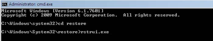 restauration du système à l'aide de l'invite de commande rstrui.exe