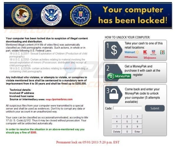 Scam MoneyPak Votre ordinateur a été verrouillé