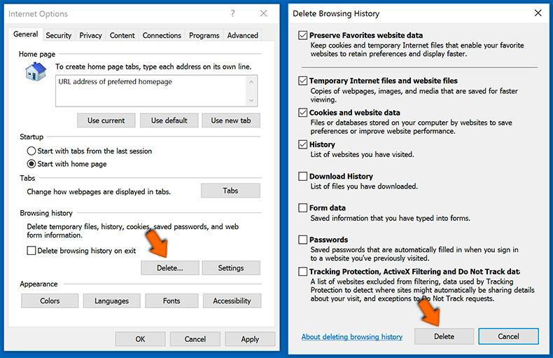 Changing the homepage URL and cleaning browsing data in Internet Explorer (step 3)