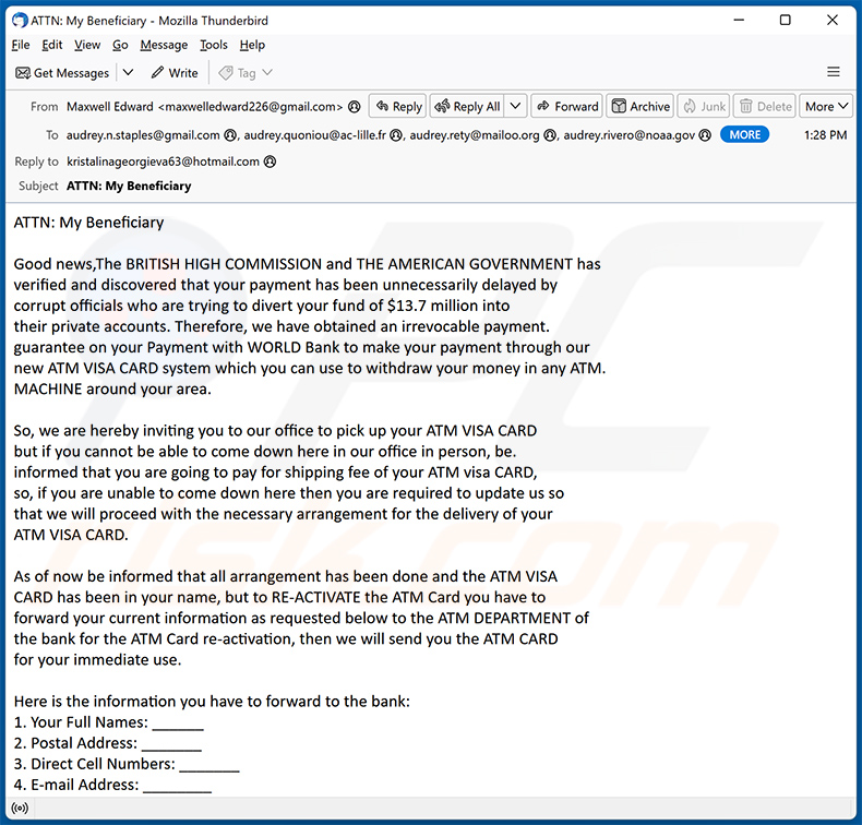 ATM Card Escroquerie par courriel (2024-03-15)