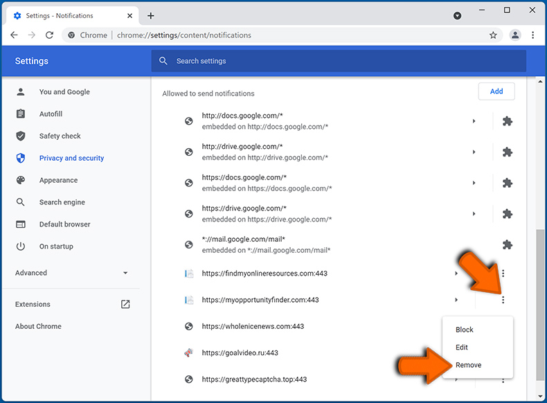 Désactiver les notifications du navigateur Web dans Google Chrome (étape 2)