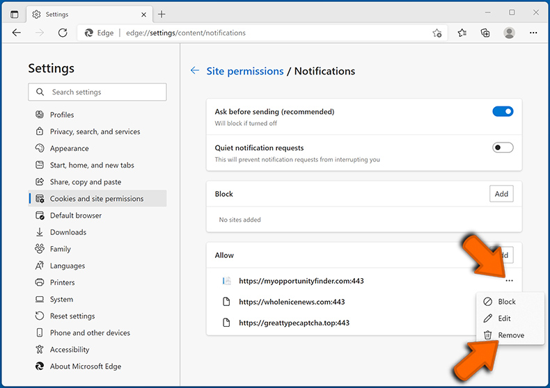 Désactiver les notifications du navigateur Web dans Microsoft Edge (étape 2)