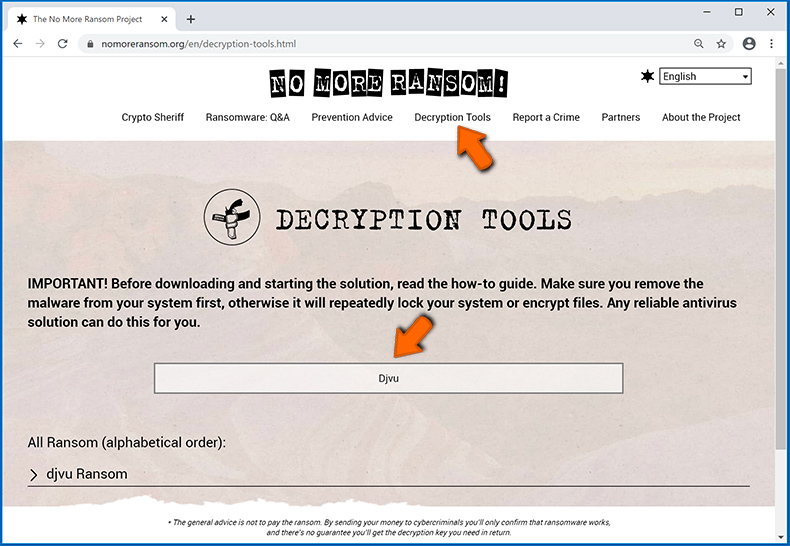 Recherche d'outils de décryptage de ransomware sur le site Web nomoreransom.org