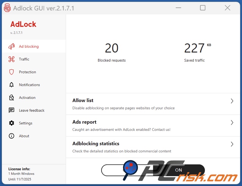 AdLock tableau de bord du bureau