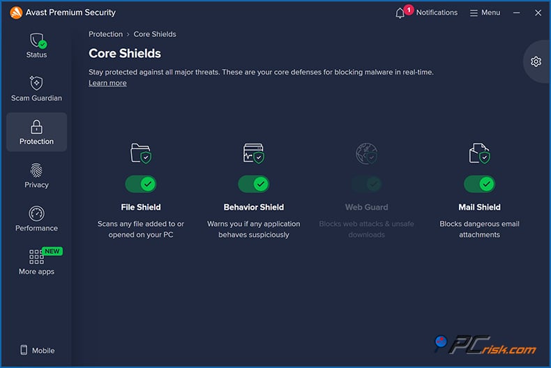 avast boucliers en temps réel Windows
