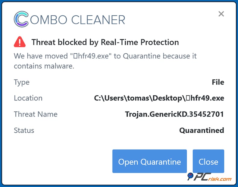 Combo Cleaner Exemple d'alerte de protection en temps réel