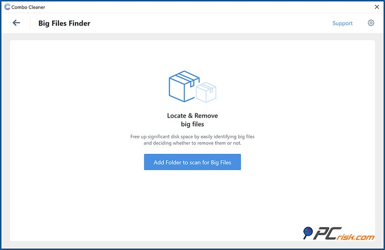 Combo Cleaner fonctionnalité de recherche de fichiers volumineux sous Windows