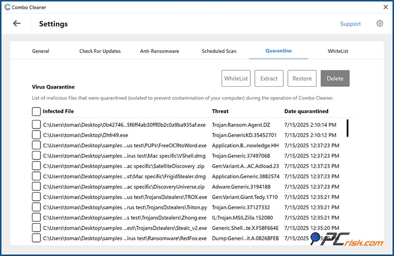 Combo Cleaner fenêtre de quarantaine