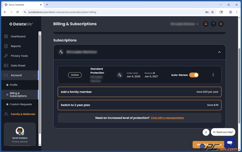 DeleteMe facturation et comptes