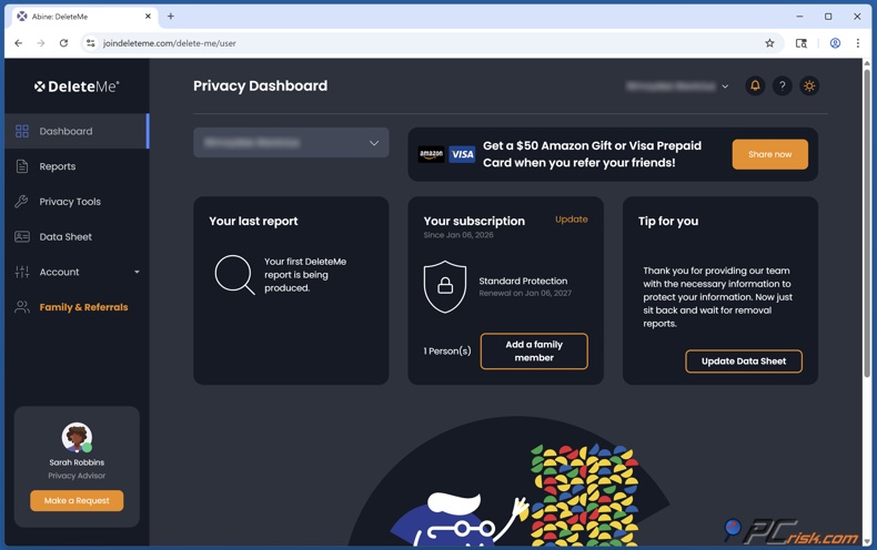 DeleteMe tableau de bord