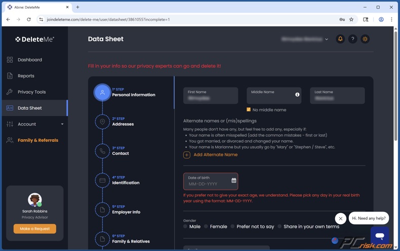 DeleteMe Configuration de la fiche technique