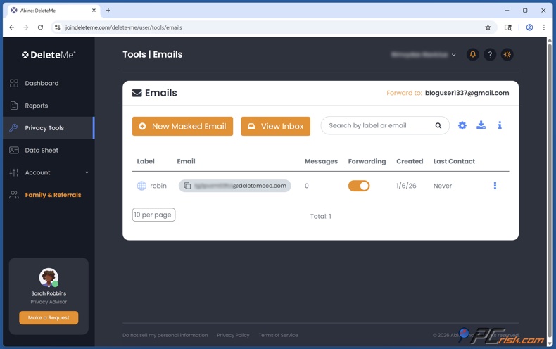 DeleteMe Masquage des adresses e-mail