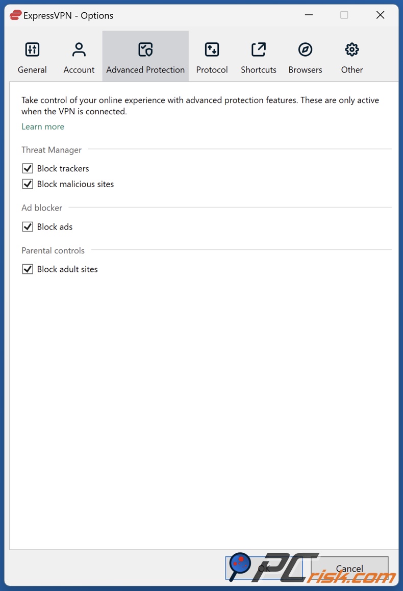 ExpressVPN Gestionnaire de menaces et contrôle parental