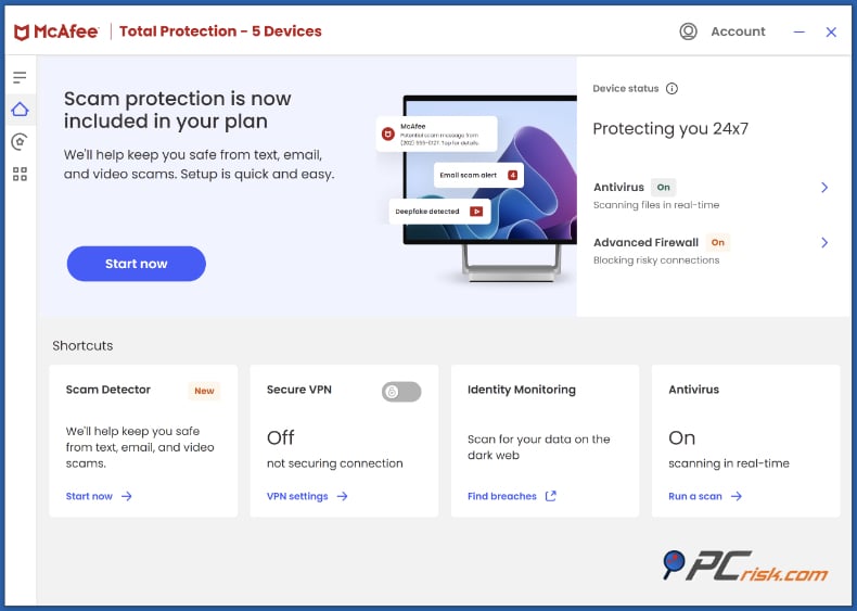 mcafee antivirus tableau de bord