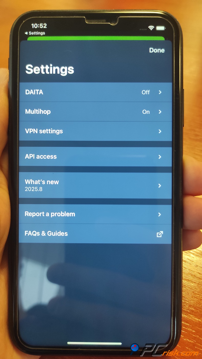 Mullivad pour iOS Menu Paramètres