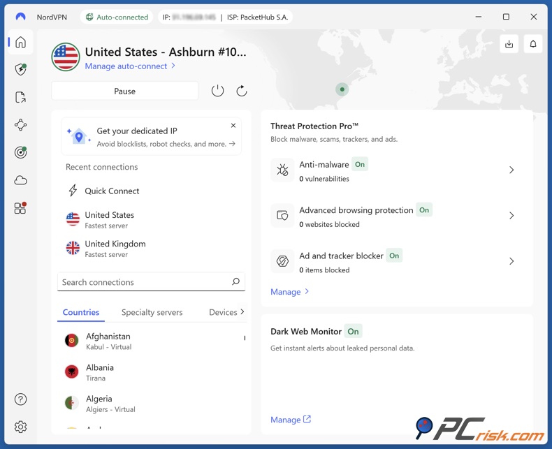 NordVPN tableau de bord