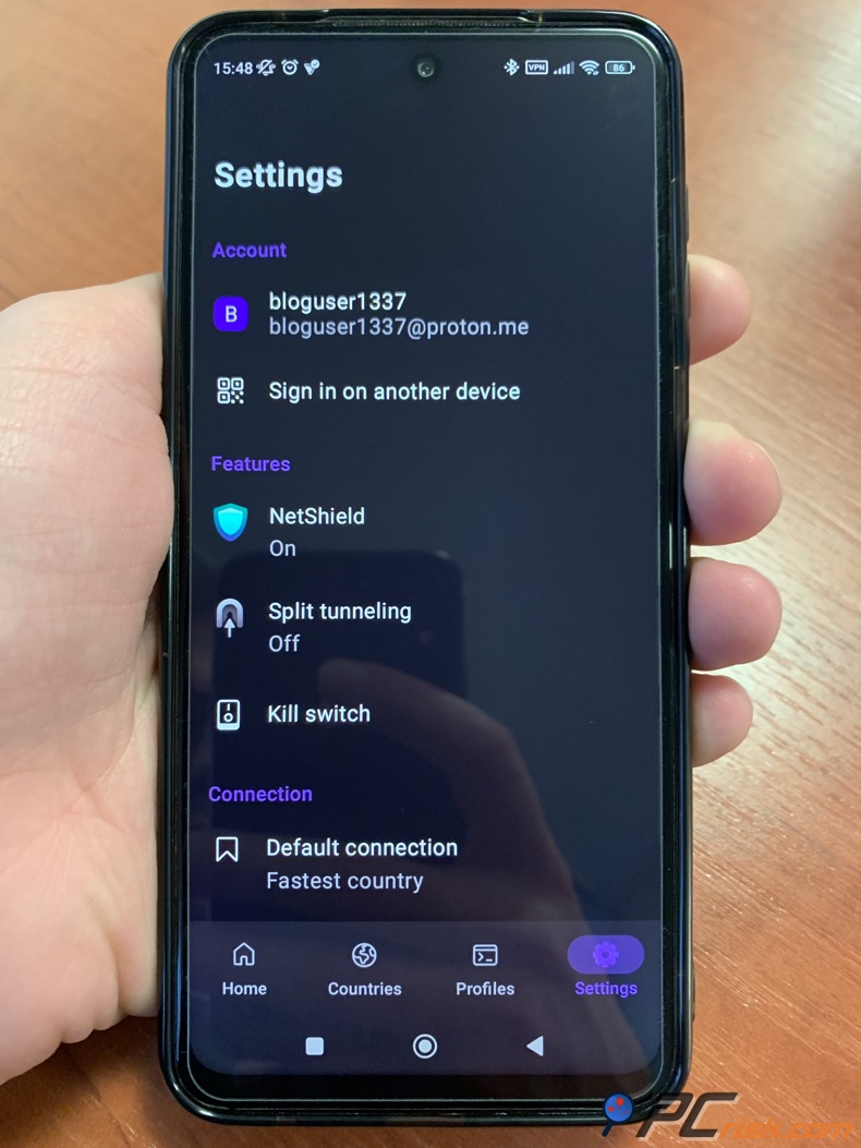 Proton VPN application pour le menu des paramètres Android