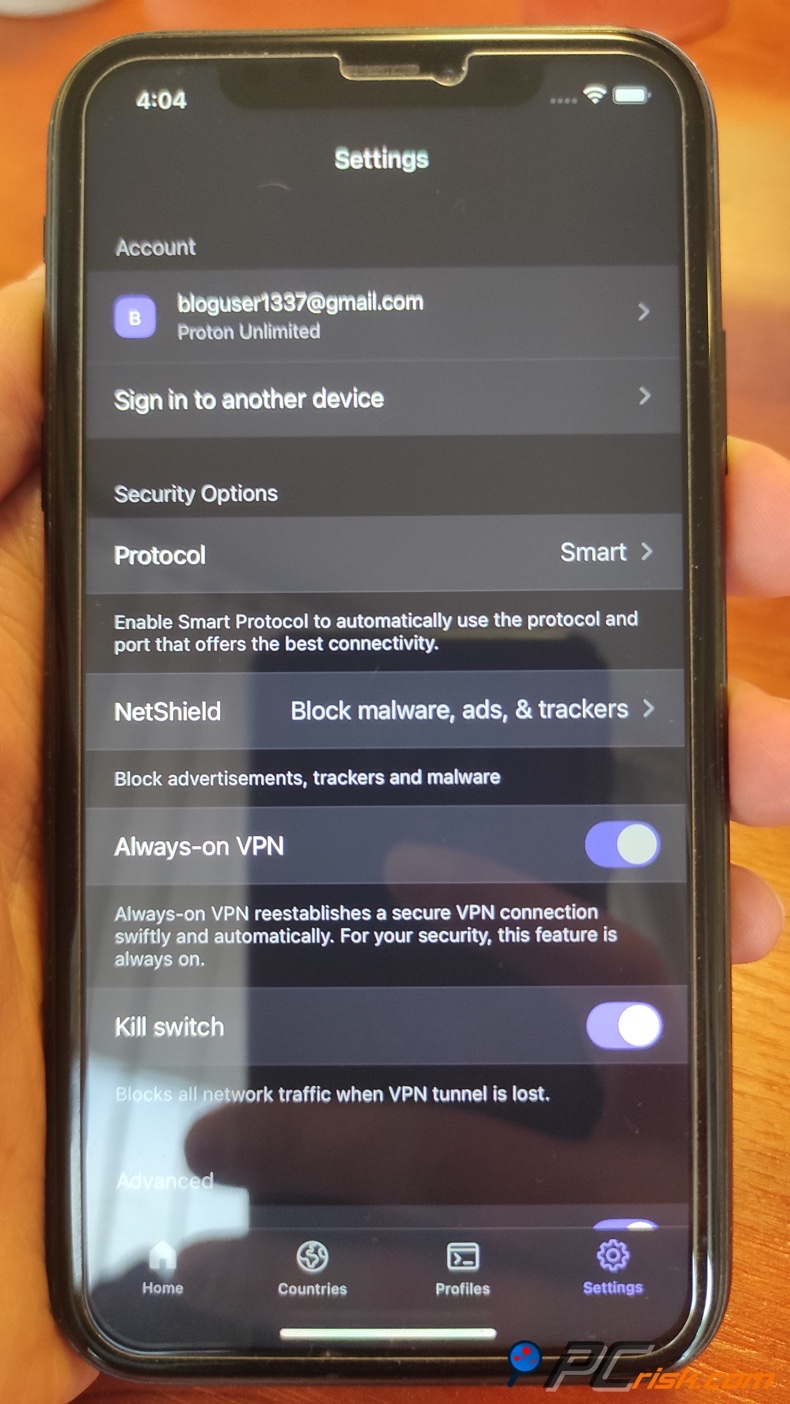 Proton VPN pour le menu des paramètres iOS
