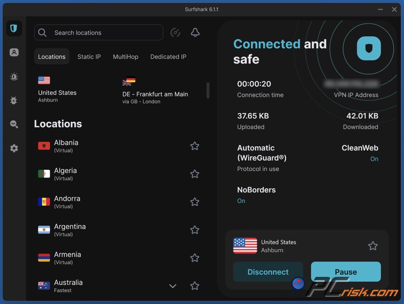 Surfshark mode sombre de l'application de bureau
