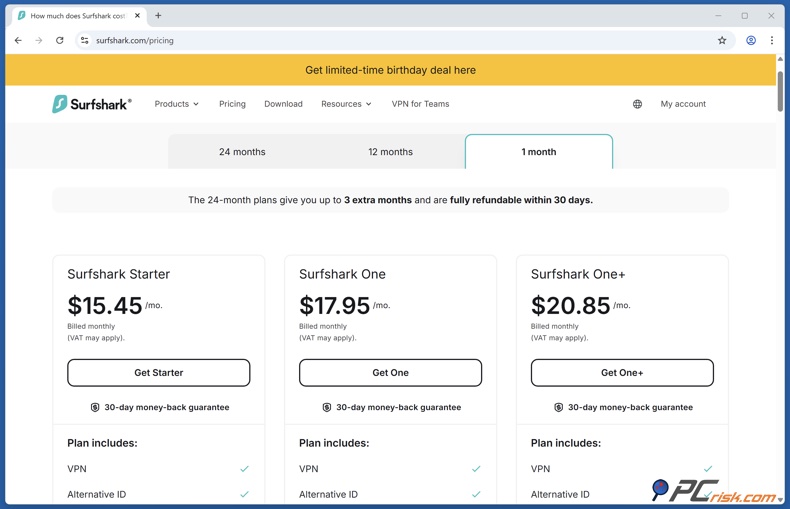 Surfshark VPN tarification mensuelle