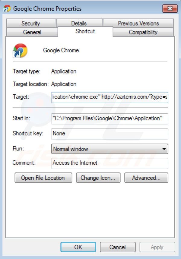 Suppression du raccourci cible d'Aartemis dans Google Chrome 