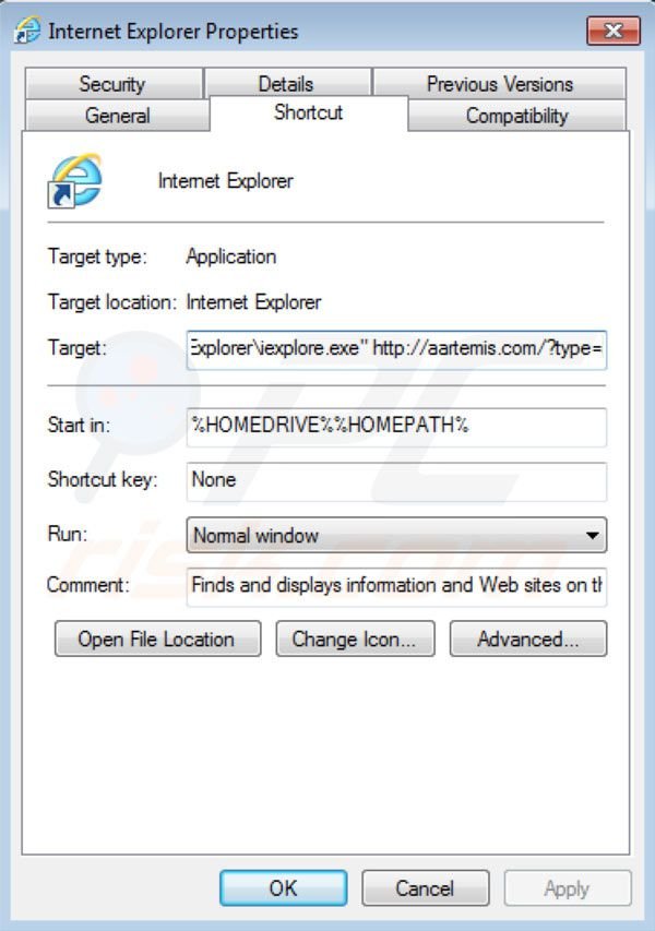 Suppression du raccourci cible du virus Aartemis dans Internet Explorer 